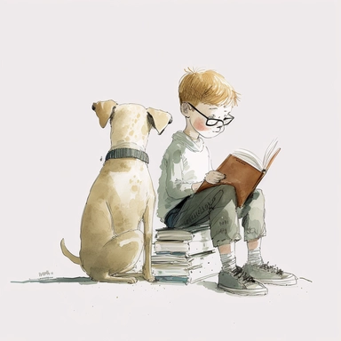 a dog sitting next to a young boy reading a book, watercolor and ink drawing, clipart, happy, gentle smile, beautiful watercolor ink wash coloring, thick pencil lines, Jon klassen, Adrian tomine, popular on etsy, watercolor illustrations clipart, watercolor illlustrations for kids and children, book illustrations, plain white background