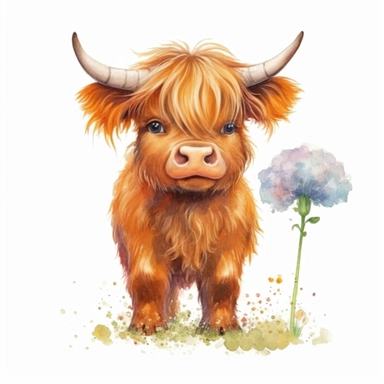 a sweet baby highland cow chews grass, sticks out tongue, drinks water, smiles, runs on grass clipart with watercolor illustration,full body shot,8k,etsy style, white background
