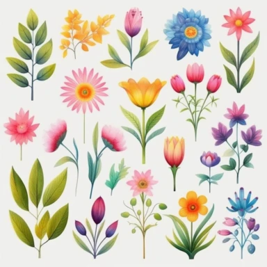 Colorful Flower Clipart in the style of amanda clark - flowers, leaves, buds, Spring flowers clip art