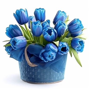 clipart of blue tulips in a basket, in the style of uhd image, high detailed, stock photo, colorful realism, ornate still lifes, isolated on flat white background
