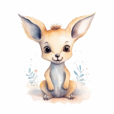 a whimsical baby kangaroo with kind eyes clipart with watercolor illustration,full body shot,8k,etsy style, white background
