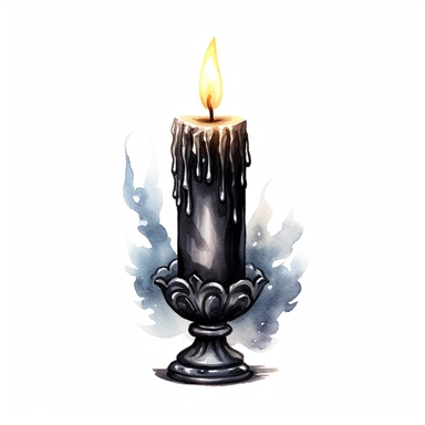 A photorealistic watercolor clipart illustration displaying a high-definition black candle with dark gothic decoration, isolated on a white background, 8K spooky mysterious fantasy aesthetic, in the style of intricately detailed watercolor clipart illustrations, ultra-realistic watercolor clipart illustrations, ultra-detailed watercolor clipart illustrations, HDR watercolor clipart illustrations, hyper-realistic watercolor clipart illustrations, UHD watercolor clipart illustrations, SLR watercol