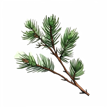 a little branch of a pine tree leaves, watercolor clipart, green leaves, cut out, simple line art drawing, thin black outlines