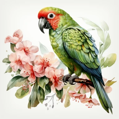 hyperrealistic ultra detailed watercolor clipart, green parrot with jungle flowers, white background, in the style of digital print, clipart, illustration, sticker, ultra high definition, rich details, 32K, HD