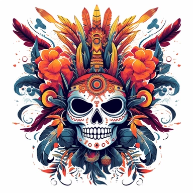 isolated flat clipart on a white background of a spooky day of dead themed voodoo mask tshirt design graphic, in the style of daniel f. gerhartz, transcendent, nikon d850, art of burma, captures the essence of nature, in the style of organic forms and patterns, expansive skies, hyper-detailed illustrations, i can't believe how beautiful this is, lively colors