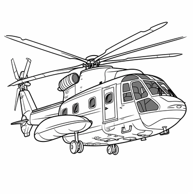 cartoon style coloring book for kids, simple lines, side view outline, black and white, clip art, helicopter