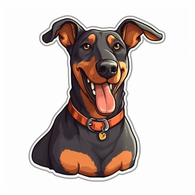 cute Doberman Pinscher, happy and smiling, bold line, clipart, sticker, white background, no shadow, 8k detail