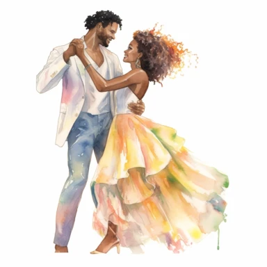 Athletic Afro-Caribbean bride and slim Caucasian groom, dancing gracefully at the reception, elegant and enchanting, watercolor, Pixar style, Clipart on a white background.