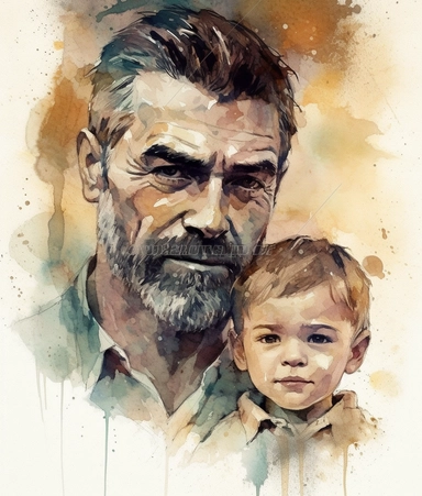 DESIGN A MAGNIFICENT AND EXQUISITE BREATHTAKING ONE-OF-A-KIND HIGH QUALITY HIGHLY DETAILED MASTERPIECE WATERCOLOR CLIPART ILLUSTRATION OF A dad with little boy watercolor painting, in the style of digital painting and drawing, hyper-realistic portraiture, aaron jasinski, casey baugh, pieter brueghel the younger, transparent/translucent medium, celebrity portraits with personality, ULTRA REALISTIC, WHITE BACKGROUND, NO FONT, NO TEXT, NO WORDS, NO WATERMARK