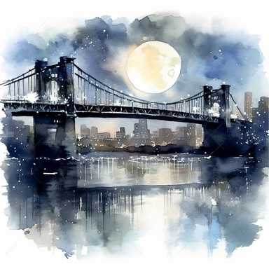 clipart style, watercolor scene of An immersive image of a moonlit cityscape featuring a famous bridge spanning across a river. The city's skyline is illuminated by the moonlight, and the shimmering reflections on the water add an extra touch of magic to the scene, HD, on white background