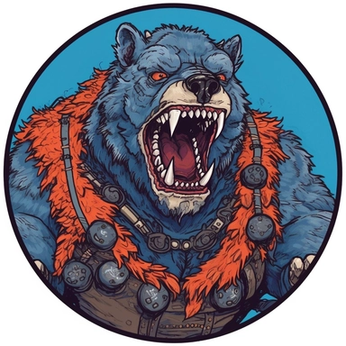 A circular tondo depicting a Dungeons & Dragons character bugbear badass boss warrior bandit, Mike Allred Josh Kirby Mad Max Lord of the Rings, handpainted enamel punk zine indie retrowave, clipart illustration, circle solid background