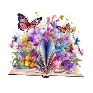 a magical open book, beautiful watercolor and realistic flowers and butterflies between de booksides, highly detailed clipart, white background