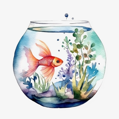 Watercolor fish tank clipart, white isolated background, space out, hd