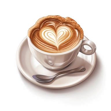 Isometric illumination of commercial shot of ultra - realistic watercolor painting of a really delicious coffee with a biscuit, cappucino art heart clipart, good looking food, delicious, yummy, foodie, healthy, white background no text, isolated on white, watercolor illustration, award winning, strong and sharp lines, upscale