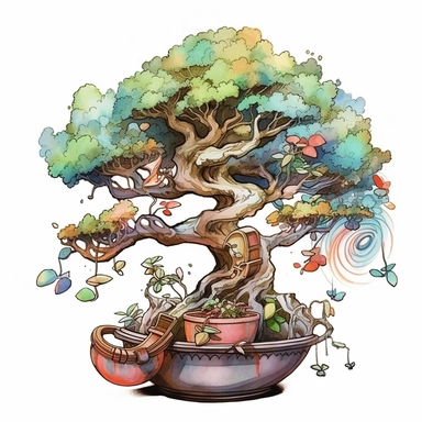 one bonsai tree singing resouling of all time Watercolor clipart on a white background, in the style of digital gradient blends, classic tattoo motifs, rounded shapes, esao andrews, stained glass effects, realistic forms, water drops, no watermark, text, 300 DPI , typography, shapes do not stick together, no text in the picture, on a white background