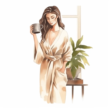 a watercolor sticker of a woman in white dress watering a big house plant. Clipart. Neutral beige faded color palette. White background. Artistic illustration. Hand-drawn.