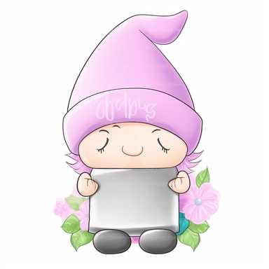 an adorable, cute clipart-style Gonk gnome illustration, perfect for Mother's Day product designs. The gnome should have a sweet, cheerful expression and wear a soft pastel-colored outfit, incorporating gentle shades of pink, lavender, and mint green to convey a warm, motherly vibe. The Gonk gnome should be holding a blank whiteboard in front of him, providing a customizable space for personalized messages or designs. Add charming details such as a floral-patterned hat and a heart-shaped pendant