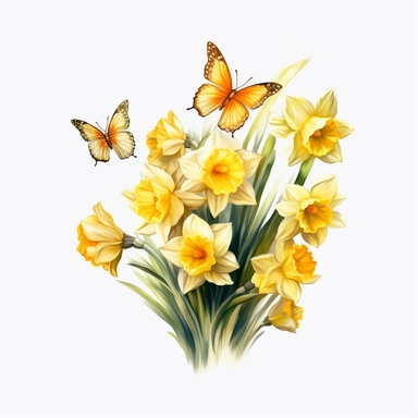 bouquet of yellow daffodil flowers with a butterfly, in the style of photo realistic and hyper-detailed watercolor painting, sketchfab, ahmed morsi, realistic watercolor paintings, use of common materials, handcrafted designs, clipart, yellow green with white background clipart