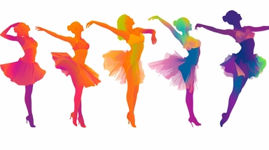 Colorful Simplistic Multiple Ballerina clip art of Female Dancers. Elegant Sophisticated Image depicting happy female dancer concentrating. No rouge faces. Each element of the Design is to be individual and totally separated and isolated on White Background, 2d Vector Clip Art for use in other designs