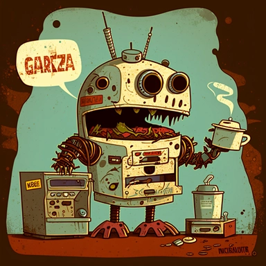 garbage pale kids format, pop surrealism digital art image of broken down, old, rusting, cartoonish, humanoid robot wearing tattered uniform made of human clothing, behind the counter of a fast food restaurant serving a giant sandwich, in a satirical style. Art style inspired by artists like Tara McPhereson, Nooligan, and Robin Eisenberg. To be used for digital clipart. Change up the color and shape of the robot from previous generations. Use dull, 1970's style, yellow, green, brown color scheme