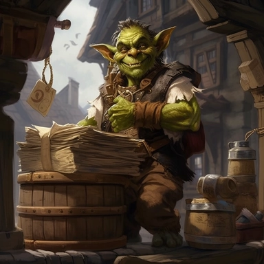 high fantasy goblin with a clipboard standing on some tavern crates, high fantasy character art