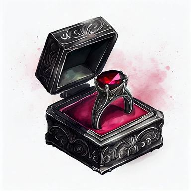 gothic engagement ring black velvet box with very expensive ruby ring ? ? ? ??? valentines day elegant romantic high detailed photorealistic watercolor and ink clipart on a white background anime detailed textures