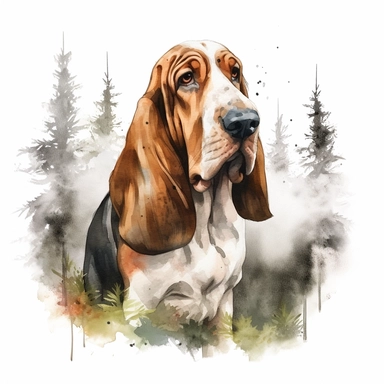 close up high detailed, Hand drawn watercolor clipart of a cute Bassett Hound in forest, on a white background