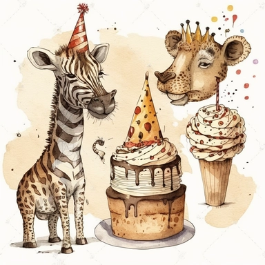 3 clipart set, with lion wearing birthday hat, zebra eating birthday cake, giraffe holding present, white background, illustration, drawing, doodle, aquarelle