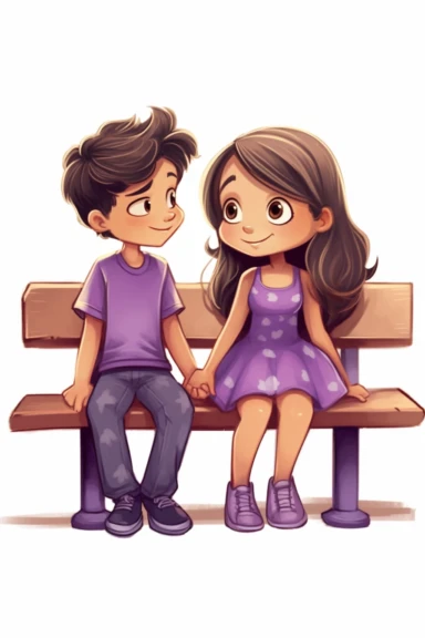 little girl with boy, boy with black hair, girl with brown hair, tan skin, girl with purple dress, young, pretty, purple dress, happy, in love, sitting on bench, talking, white background, purple dress, simple, cartoon, children's book illustration, no background, white background, white background, bright colors, talking, cartoon image, kids book, clipart