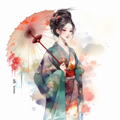 watercolor Disney Mulan holding a Chinese umbrella, clipart, white background, by Kawacy