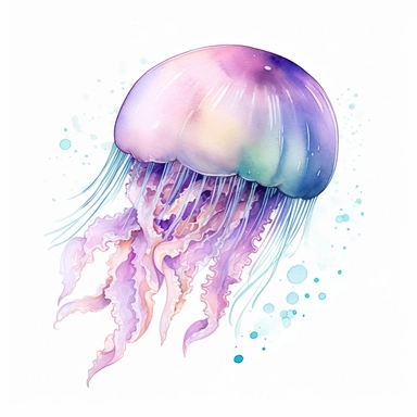watercolor, clipart, white background, animated shape, cute, big jelly fish, glow in the dark,