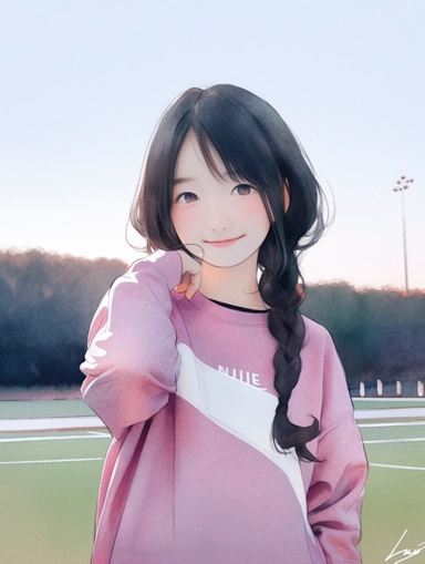 cute girl, pink nike sweatshirt with big white nike logo, sports style , black shoulder length hair, round eyes, charming face, portrait, minimalism, smiling, Watercolor Clipart, HAPPY, strybk, full Illustration, 8k, sharp focus, watercolor, smooth soft skin, symmetrical, soft lighting, detailed face, concept art, muted colors, watercolor style, strybk, children's style fairy tales, chibi kawaii, Octane rendering, 3d. Perfect face, detailed face, delicate face, perfect sharp lips, detailed eyes.