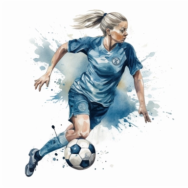 Watercolour of a female footballer , Clipart,Cartoon,hyper realistic, intricate detail isolated on a white background, high quality, sublimation, detailed, cartoon style