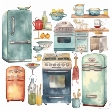 Infuse your designs with the whimsy of a retro kitchen with a watercolor clipart featuring vintage appliances and utensils, reminiscent of classic Americana. In HD on a white background.