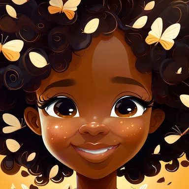 melanin little girl african american clipart close up smile wight background with simmetrical beautiful face and little butterflies sunflavers pixar cartoon style