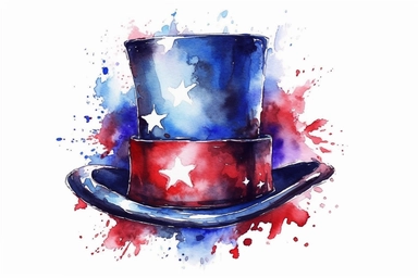 watercolor, patriotic, red white and blue top hat, clipart, hd, on white background, spaced out,