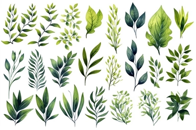 Vector watercolor illustrations. Botanical clipart. Set of Green leaves, herbs and branches. Floral Design elements. Perfect for wedding invitations, greeting cards, blogs, posters and more