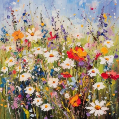 Imagine yourself standing in a vibrant meadow filled with a plethora of wildflowers. The scene before you is a close-up perspective, allowing you to appreciate the intricate details of each blossom. The white background enhances the colorful display, making the flowers truly pop. The wildflowers come in a wide range of hues, including shades of crimson, vibrant orange, sunny yellow, lush green, deep purple, and delicate pink. As you take in the view, you notice a mix of flowers such as daisies, 