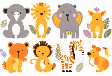 cute jungle animals clipart set for silhouette and for cricut, in the style of graph paper, white and orange, 8k, colorful caricature, #screenshotsaturday, hatching, óscar domínguez