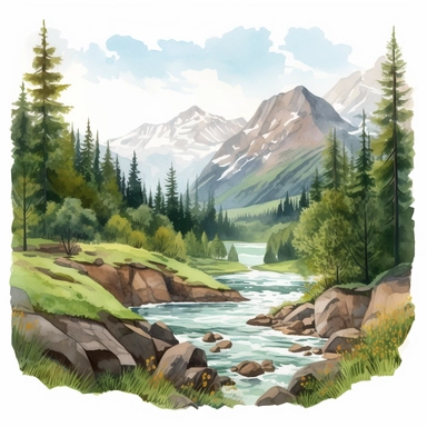 Professional gouache hand - painted illustration of Mountain River in the middle surround by trees, spring, focus on the mountain, Landscape clipart, hiking, nature, camping, white background, natural form, very detailed, deep colour, 8k
