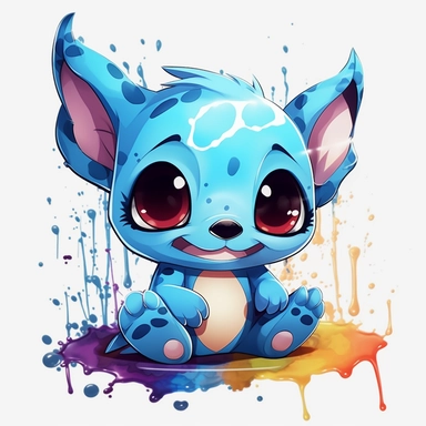 Stitch with scars, stitching, Chibi and Kawaii Style, clipart, colorful splash, splash background, white background, png