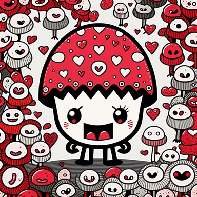 smiling cute evil mushrooms clip art, birthday, party, teeth, monster, grin, dancing, kissing, hearts, white, pink, red, black, intricate details, white background tile