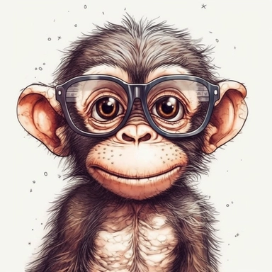 kawaii adorable chimpanzee wearing cute glasses, nursery art, clipart image, line art image, white background, inspired by yoshitaka amano art, very detailed, 8k