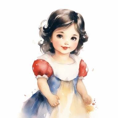 Toddler princess snow white cartoon watercolor, round face delicate her long hair sharp and detailed her outfit like the original princess, character should be well drawn with soft tones a very clear smile confident and a head lightly painted in watercolor the character is a one year old baby should be on a white background clipart