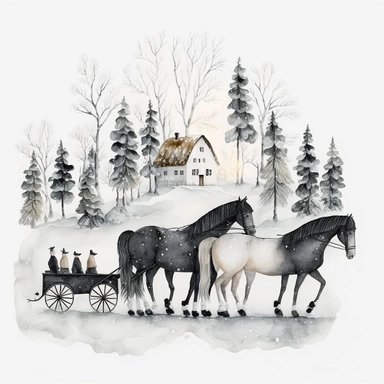 dark academia, horses, snow, fairytale, Christmas, swedish folk art, watercolor, white background, clipart