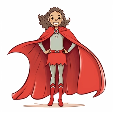 cute female heroine with dark skin and red cape, black girl, full body, wearing a cape, smiling, cartoon style, for childrens book, watercolour, outlined, thin lines, white background, vector art, clipart