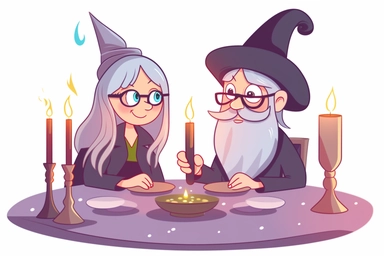 Cute Wizard on a magical candlelight dinner date with Cute Witch Clipart, on white background, spaced out, RGB, Romantic, Wizardcore, Witchcore, Multiverse, Ultra HD, hyperdetailled