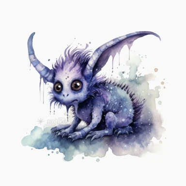 Watercolour cute fantasy creature clipart on transparent background, rodney matthews style, no splash, black inky blue purple violet, single sheet, 4k