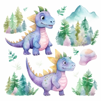 friendly, fluffy watercolor dinosaurs clipart, pastel colors, in the mountains, forest, separated, seamless, transparent background--AR 3:2
