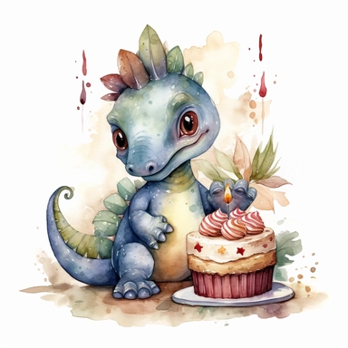 High resolution, cute dinosaur holding birthday cake, watercolor clipart, completely white background